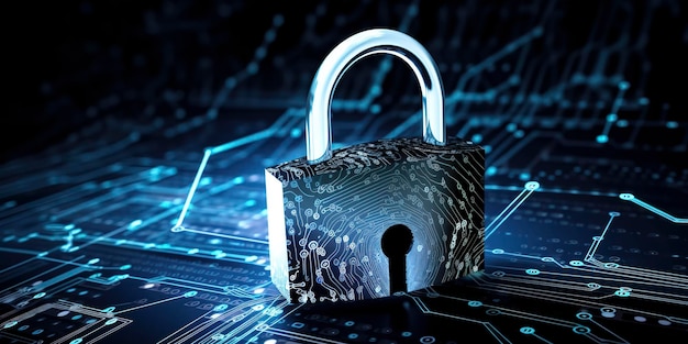 Padlock over graphics representing internet cyber security and data theft Generative AI