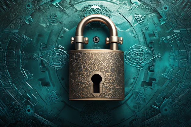 Photo a padlock on a green background with a pattern of the word lock on it.