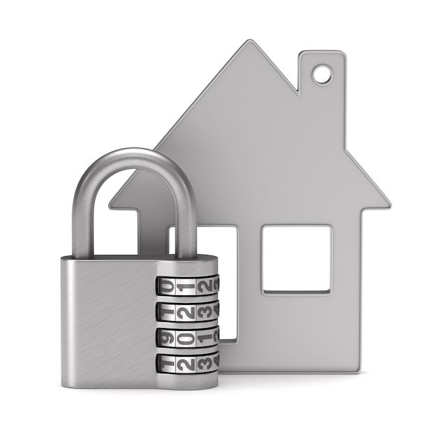 Photo padlock and house on white.