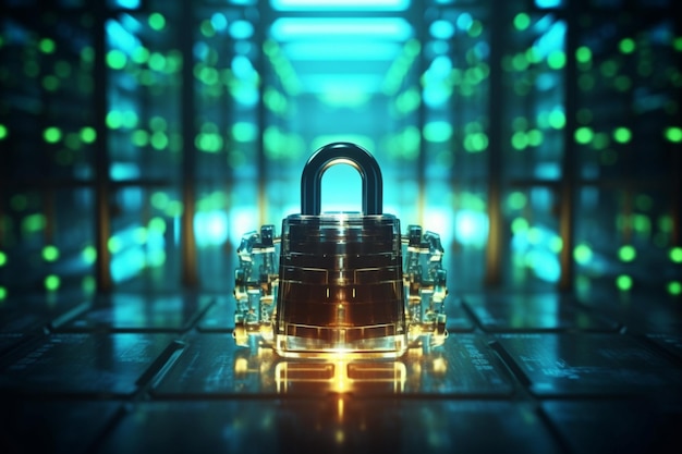 Padlock icon on blurred cityscape background cyber security concept double exposure