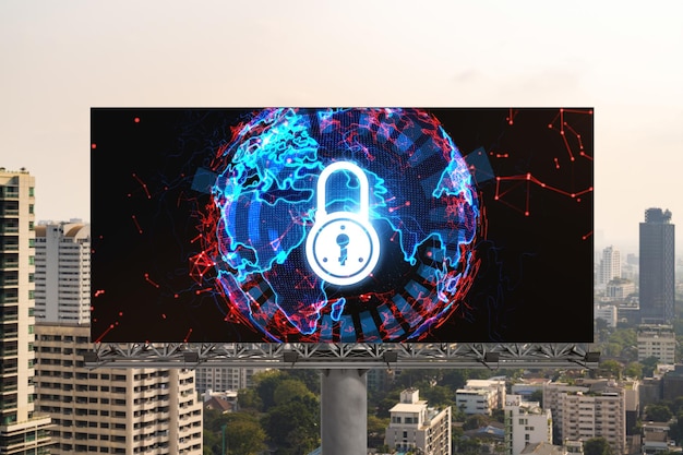 Padlock icon hologram on road billboard over panorama city view of Bangkok at day time to protect business Southeast Asia The concept of information security shields