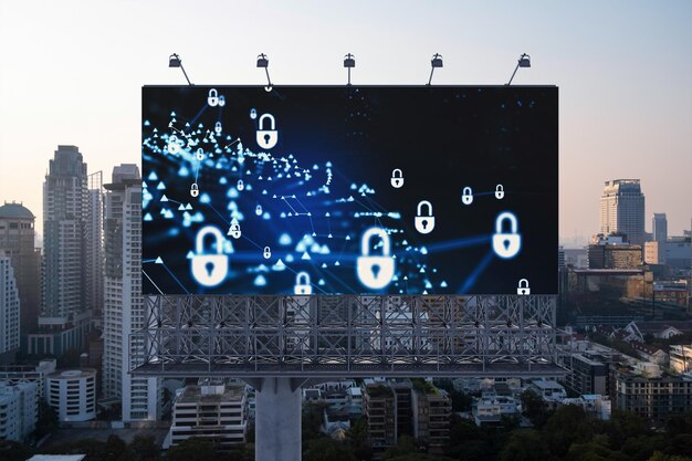 Padlock icon hologram on road billboard over panorama city view of Bangkok at sunset to protect business Southeast Asia The concept of information security shields