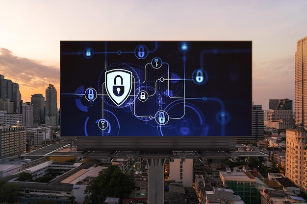 Photo padlock icon hologram on road billboard over panorama city view of bangkok at sunset to protect business southeast asia the concept of information security shields