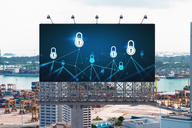 정보 보안 방패의 개념을 보호하기 위해 낮 시간에 싱가포르의 파노라마 도시 전망 도로 광고판에 자물쇠 아이콘 홀로그램