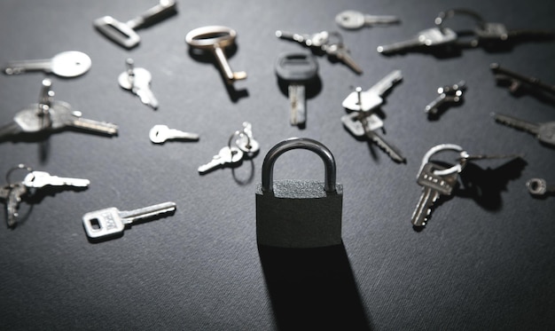 Padlock and keys on the black background.