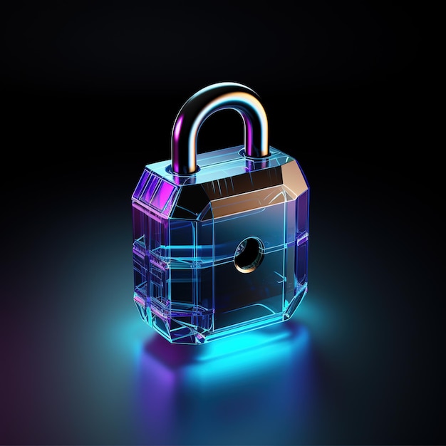 Padlock made up of blue neon lines on dark background