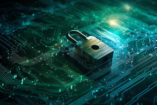 A padlock sits on a circuit board with a green background.