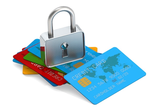 Padlock and stack of credit cards