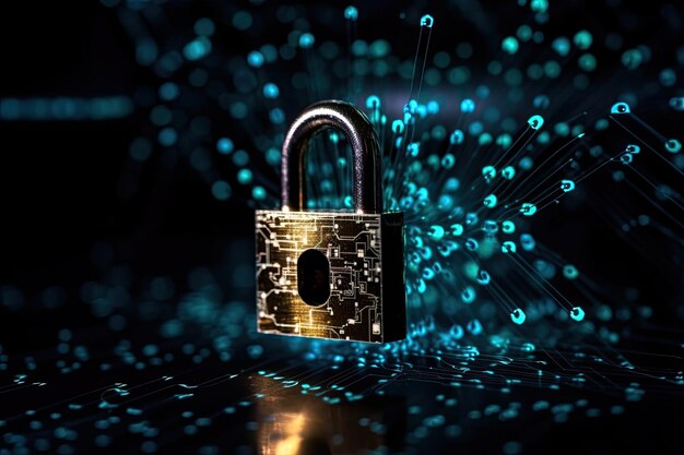the padlock symbol for cyber security and biometric identification in the blockchains global networking