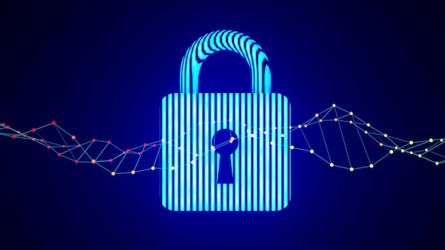 A padlock symbolizes the encryption of quantum communication 3d rendering