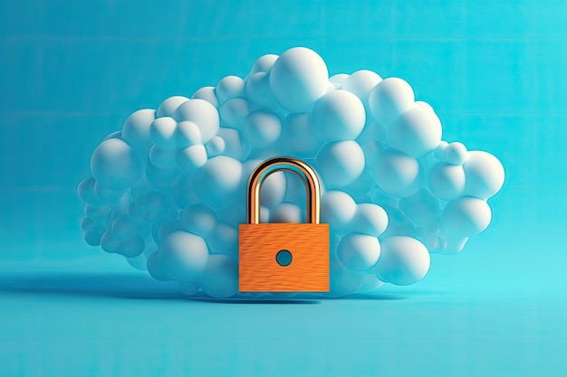 Photo padlock symbolizing security and protection hovering over a cloud of white balls representing data or information generative ai