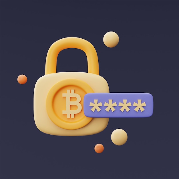 Padlock with bitcoin signCryptocurrency protection conceptblockchain technology servicesminimal style3d rendering