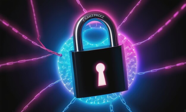 Photo padlock with keyhole on background of neon chain connections network glowing in the dark