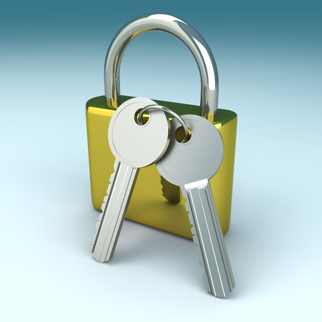 A padlock with keys. 3D rendered Illustration.