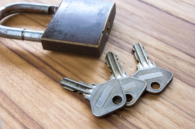 Padlock with keys on wooden