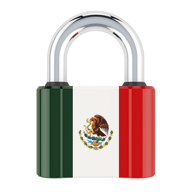 Padlock with Mexican flag 3D rendering isolated on white background