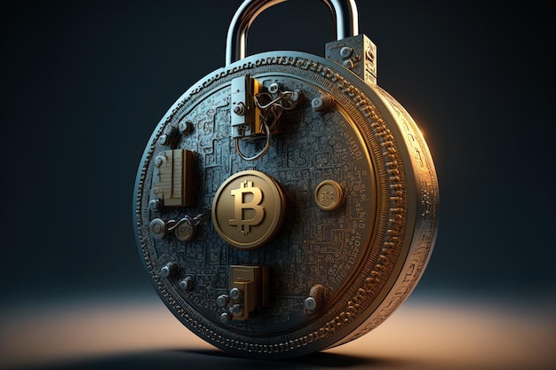 Foto una nozione di moneta bitcoin ornata da lucchetto di sicurezza della valuta digitale