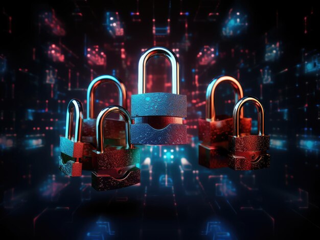 Photo padlocks in front of digital codes cybersecurity locks keys