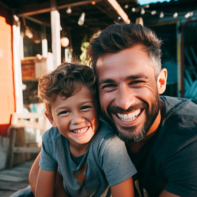 Padre e hijo sonriendo mirando a camara generado por ia