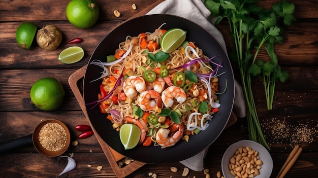 Padthai noodles with shrimps and vegetables
