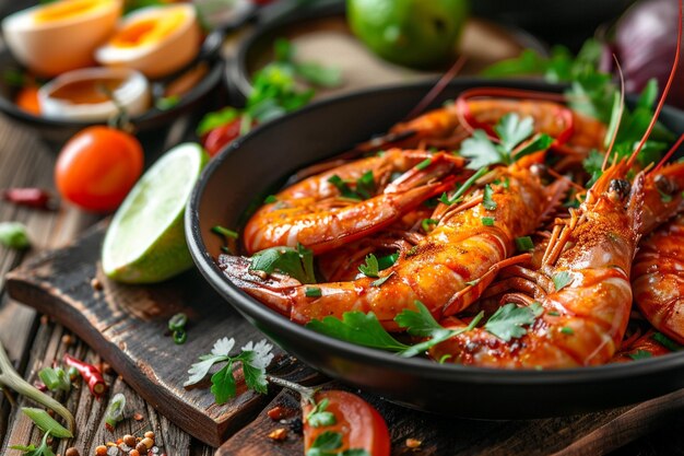 Photo padthai shrimp in a black bowl with eggs and seasoning on wooden table