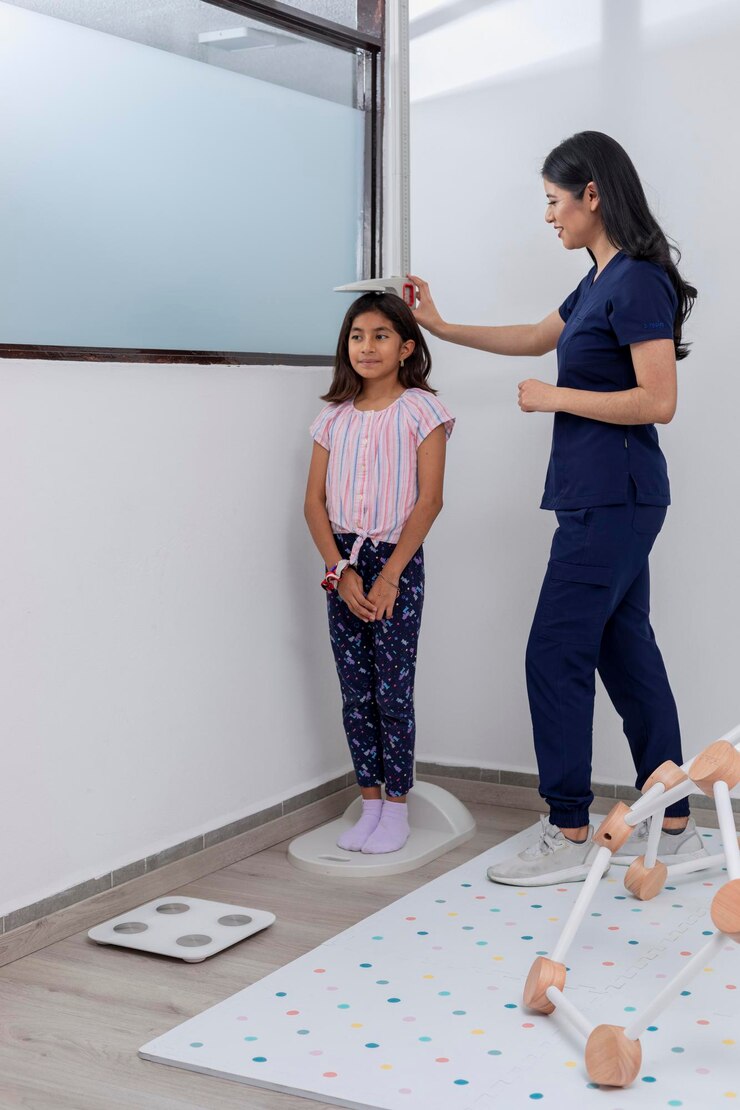 Paediatrician checking a child's height in her medical office