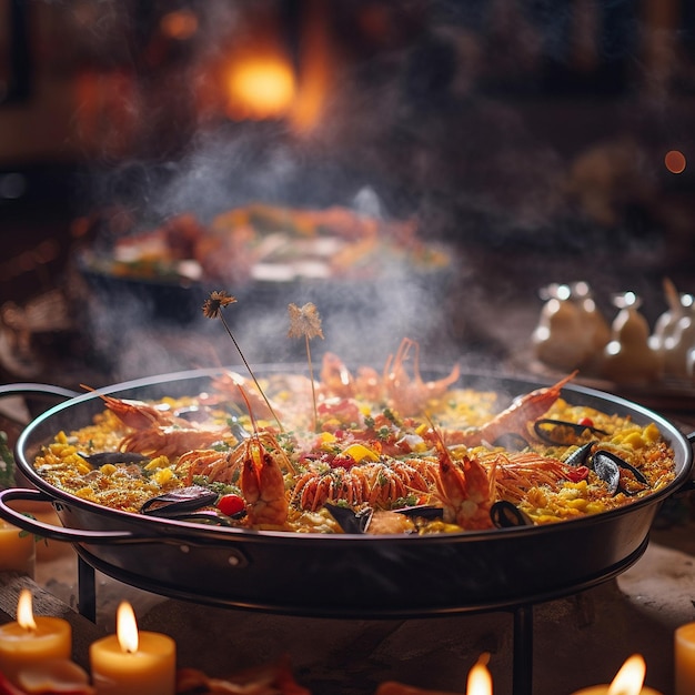 A paella dish with a flame from the fire