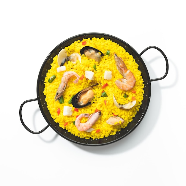 Paella isolated on white background Top view