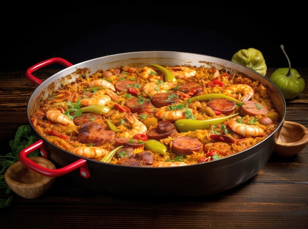 Paella met vlees, groenten en worstjes