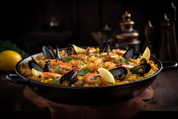 Paella met zeevruchten op tafel