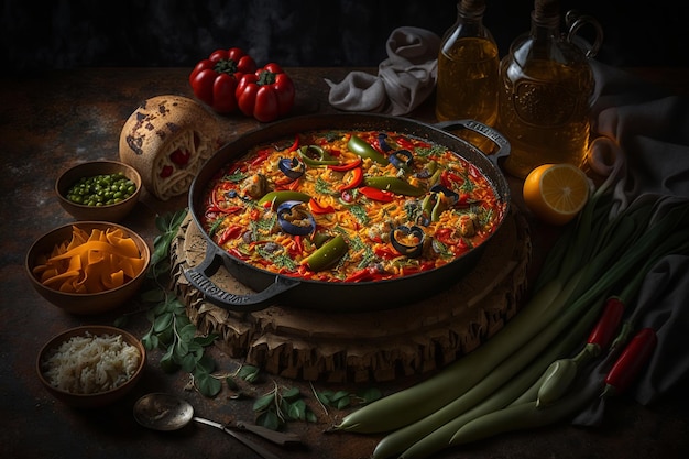 Paella national spanish dish in frying pan vegetables ingredients on wooden table Food illustration still life AI generated