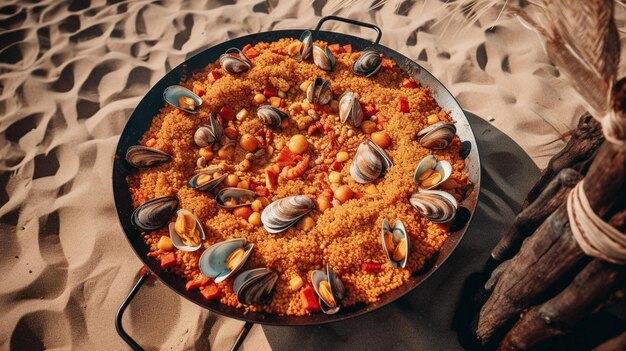 Paella sea food beside the sea Top down view