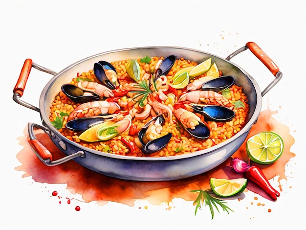 Paella watercolor clipart isolated on white background