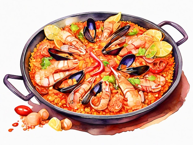Paella watercolor clipart isolated on white background