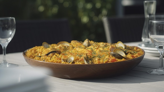 Paella in a white plate on a table in a restaurant