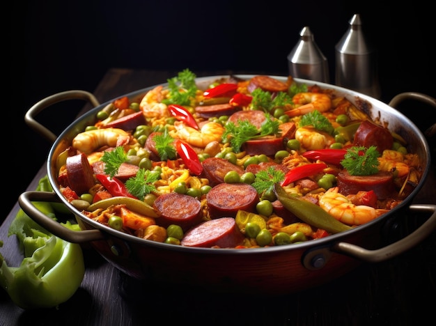 Paella with meat vegetables and sausages