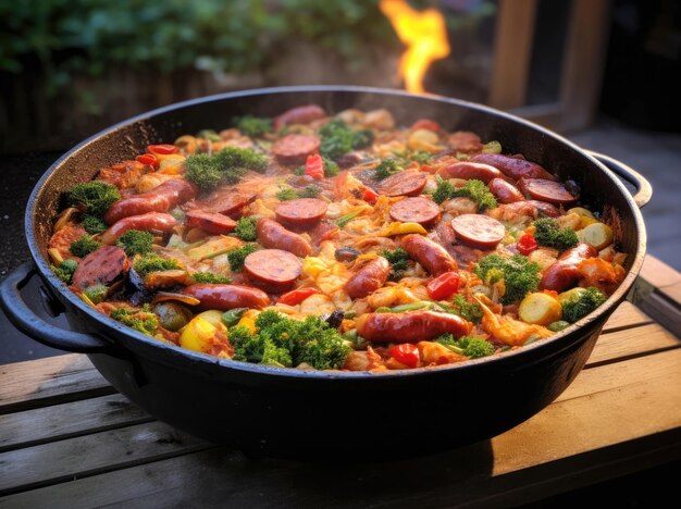 Paella with meat vegetables and sausages