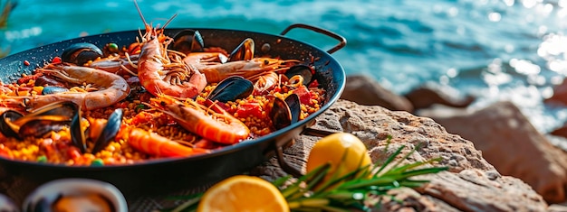 Photo paella with seafood on a background of the sea selective focus