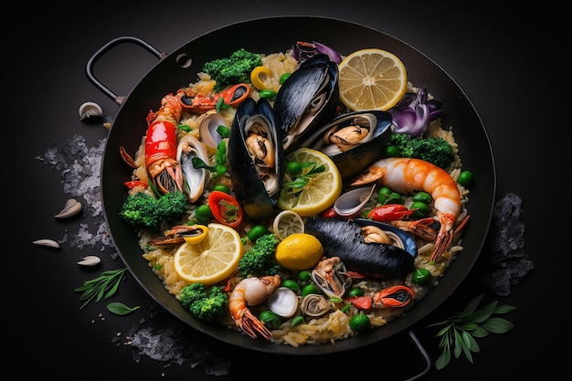 Paella with seafood on a black background Generative AI