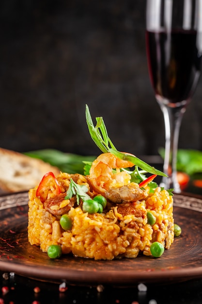 Paella with seafood and shrimps.