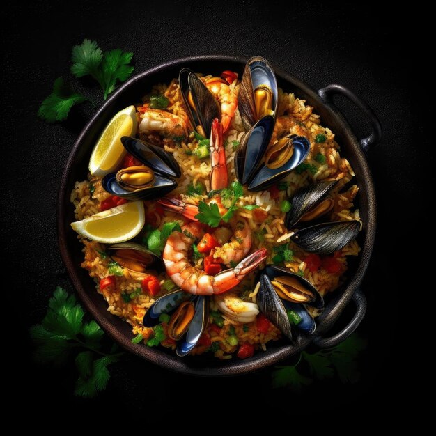 Paella with shrimps and mussels on a black background