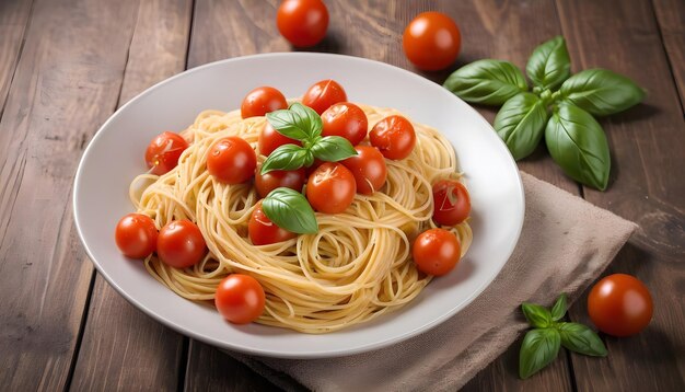 pag hetti pasta met kersen tomaten en basilicum op een houten tafel