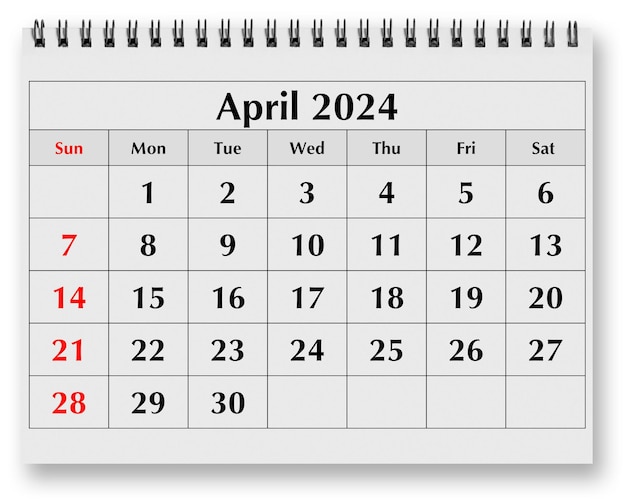 Page of the annual monthly calendar April 2024