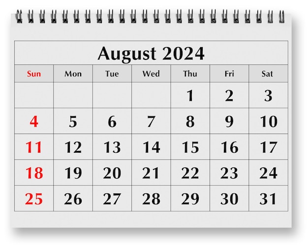 연간 월간 달력의 페이지 2024년 8월