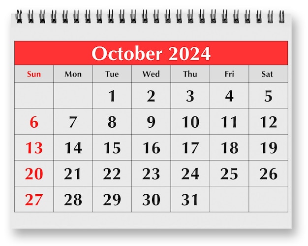연간 월간 달력의 페이지 2024 년 10 월