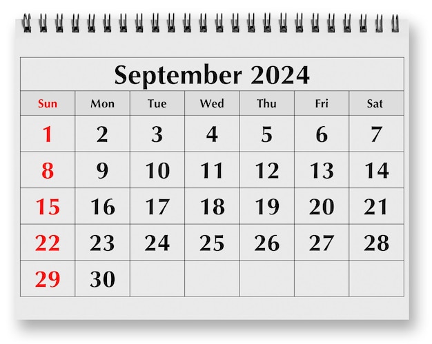 연간 월간 달력의 페이지 2024 년 9 월