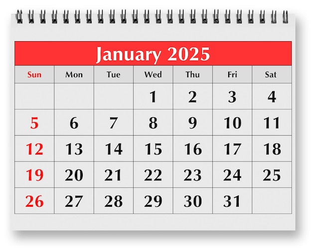 Page of the annual monthly calendar winter month january 2025