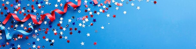 Photo page banner with a blue background red white and blue streamers on the left side of the frame and small stars scattered around