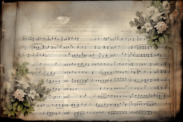 花が描かれた楽譜のページ。