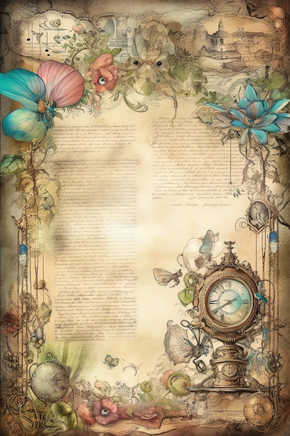 a page with a clock and flowers on it